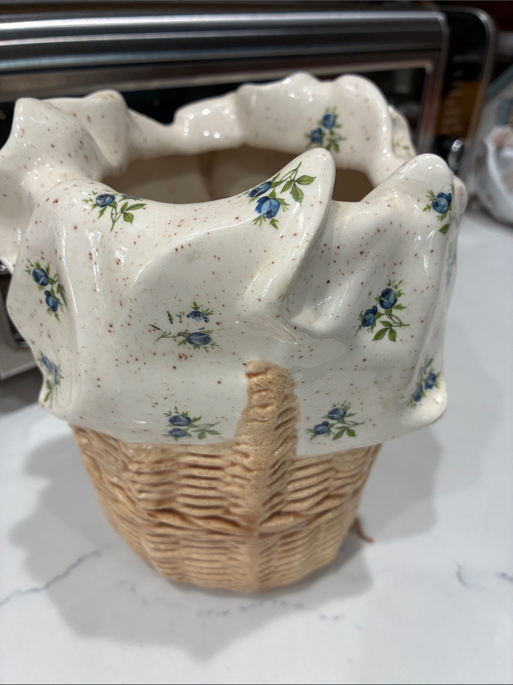 Floral Ceramic Basket Planter - Blue Rose Pattern